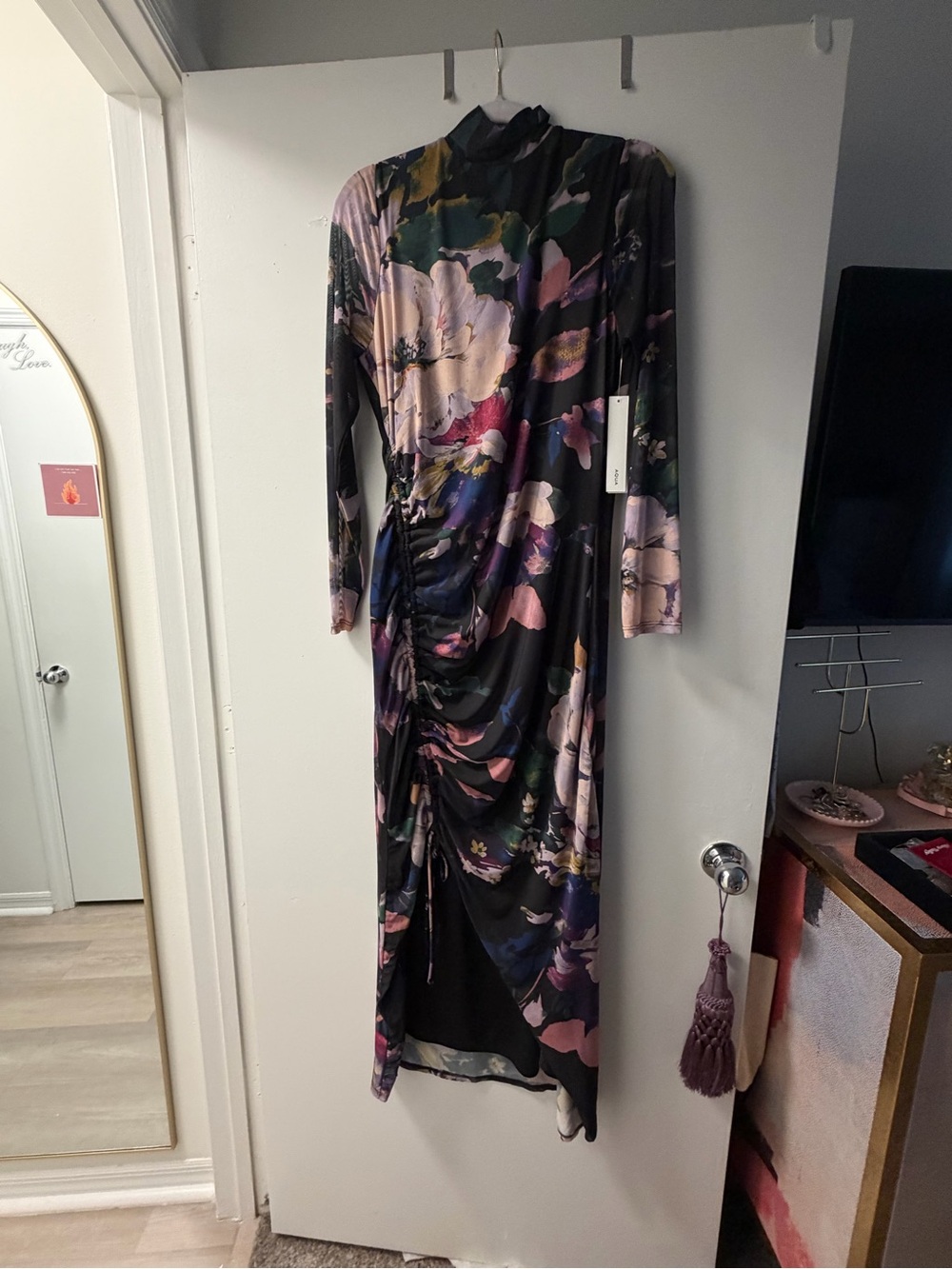 Aqua Black Floral Long-Sleeve Ruched Midi Dress